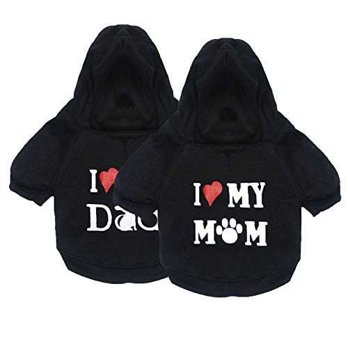 Hundepullover mit Aufschrift "I Love Mommy" für kleine Hunde, Winterkleidung mit Aufschrift "I Love My Mom|Dad", warm, für kleine Hunde, Jungen, Schwarz, 2 Stück von DERUILA