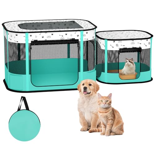 DESELL Laufstall für Katzen, teilbar, für Kätzchen, Welpen, Hunde, tragbar, faltbar, für drinnen und draußen, zusammenklappbar, mit waschbarem Urinierpad (81,3 x 63,5 x 53,3 cm) von DESELL