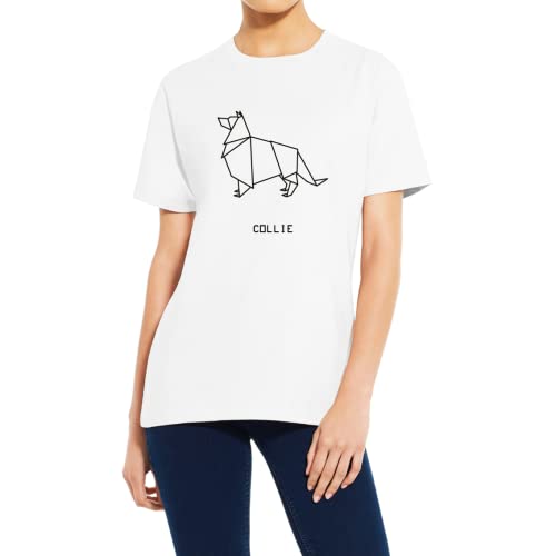 Origami Collie T-Shirt, Unisex, Schottischer Schäferhund, DOG Hund, Scotch Collie, Bio-Baumwolle, vegan genehmigt, personalisierbares T-Shirt, Dshirt14 DESIGNEDSHIRT (L, White) von DESIGNEDSHIRT