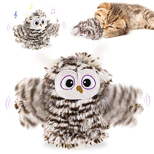 DESIMTION Interaktives Flügelschlagen Eule Katzenspielzeug,Tiergeräusche Quietsche Katzenminze Spielzeug für Katzen, wiederaufladbar 3 Vibrationsmodi Katzenspielzeug (Eule) von DESIMTION