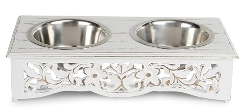 DEVLA Erhöhte Futternäpfe für Hunde und Haustiere mit Holzständer (48,3 x 22,9 x 12,7 cm), elegant, handgeschnitzt und handbemalt, antikweiß gewaschenes Holz, 2 Edelstahlnäpfe für Futter und Wasser von DEVLA