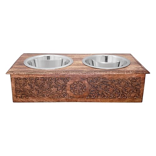 DEVLA Erhöhter Futterspender für Hunde, antiker Holzständer mit 2 Edelstahlnäpfen, 48,3 x 22,9 x 12,7 cm, handgeschnitzte Tierfutter- und Wasserstation DEVLA Erhöhter Futterspender für Hunde, antiker Holzständer mit 2 Edelstahlnäpfen, 48,3 x 22,9 x 12,7 cm, handgeschnitzte Tierfutter- und Wasserstation von DEVLA