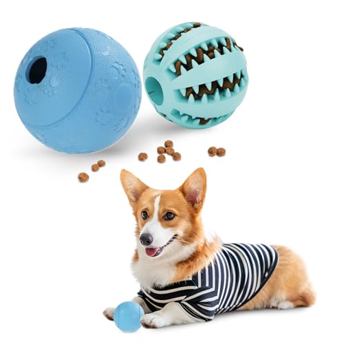 DEWEL Hundespielzeug, interaktives Hundespielzeug, Leckerlispender für Haustiere, unverwüstlicher Zahnball, blau und grün, 8 cm und 7 cm, 2 Stück von DEWEL
