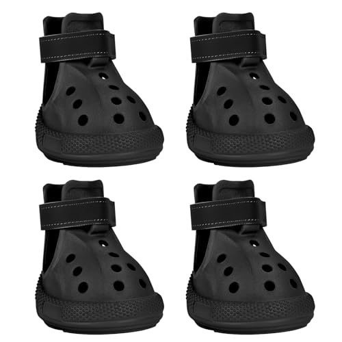 Hundeschuhe, Hundesandalen für heißen Bürgersteig, wasserabweisend, atmungsaktiv, rutschfest, Pfotenschutz, verstellbare Riemen, Regenstiefel für Sommer, Strand und regnerische Tage (schwarz) von DEWVIE