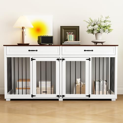 Hundekäfig Schrank XXL, Hundekäfig mit 2 Schubladen und 2 Türen, Hundebox für Zuhause Große/Mittlere Hunde,Beistelltisch, Hundehütte Indoor, Hundehaus für Zuhause, Weiß, 164 x 60 x 80 cm, Eisen von DEZAGCE