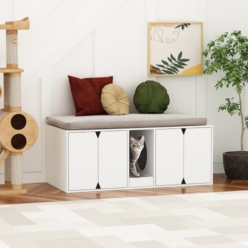Katzenschrank, Katzentoilette, Katzenklo Schrank, Katzenhaus mit Tür und Abfallbehälter, Katzenhaus für Große Katzen, Sitzbank, Weiß, MDF, 43 x 52 x 110 cm Katzenschrank, Katzentoilette, Katzenklo Schrank, Katzenhaus mit Tür und Abfallbehälter, Katzenhaus für Große Katzen, Sitzbank, Weiß, MDF, 43 x 52 x 110 cm von DEZAGCE
