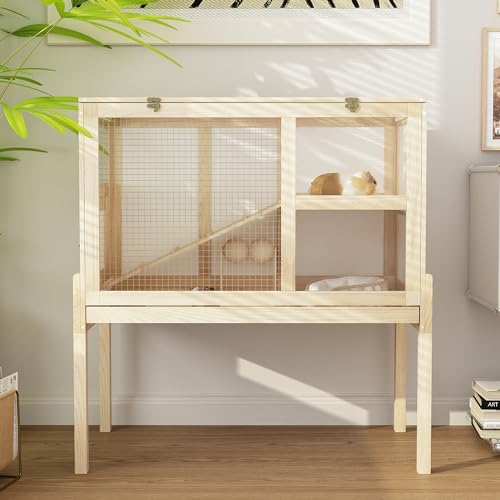 Mäusekäfig Hamsterkäfig Kleintierhaus mit 2 Etagen, Mäuseschrank mit Treppe, 89 x 50 x 93 cm, aus Holz, mit klappbarem Deckel & Sichtfenster Mäusekäfig Hamsterkäfig Kleintierhaus mit 2 Etagen, Mäuseschrank mit Treppe, 89 x 50 x 93 cm, aus Holz, mit klappbarem Deckel & Sichtfenster von DEZAGCE