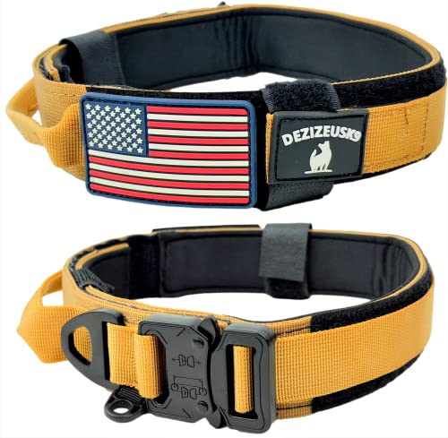 Taktisches Hundehalsband, 3.8 cm – breit, gepolsterte Halsbänder mit Metallschnalle, Schnellverschluss – abnehmbarer USA-Flaggen-Patch – Kontrollgriff für die Handhabung von Trainingshunden von DEZIZEUSK9