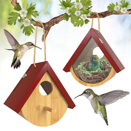 Kolibrihaus, Vogelhäuser aus Holz mit Fensterblick für den Außenbereich, Kolibrihäuser zum Nisten, hängendes Hühnerhaus für drinnen und draußen, mit Hanfseilen, 2 Stück Kolibrihaus, Vogelhäuser aus Holz mit Fensterblick für den Außenbereich, Kolibrihäuser zum Nisten, hängendes Hühnerhaus für drinnen und draußen, mit Hanfseilen, 2 Stück von DFANG