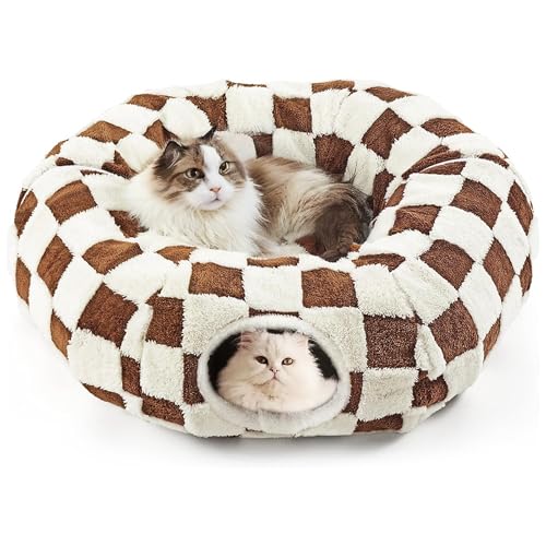 DFENGDF Katzentunnelbett für den Innenbereich, Katzen-Donut-Tunnel, Peekaboo, Katzenhöhle mit waschbarem Kissen, Katzenrohrspielzeug für Kätzchen, Welpen, Kaninchen, Braun (Braun) von DFENGDF