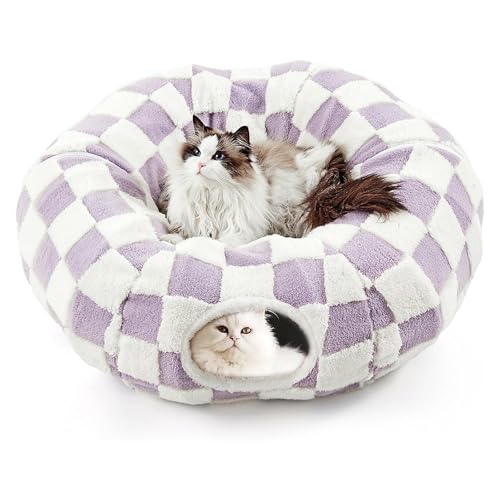 DFENGDF Katzentunnelbett für den Innenbereich, Katzen-Donut-Tunnel, Peekaboo, Katzenhöhle mit waschbarem Kissen, Katzenschlauch-Spielzeug für Kätzchen, Welpen, Kaninchen, Braun (lila) von DFENGDF