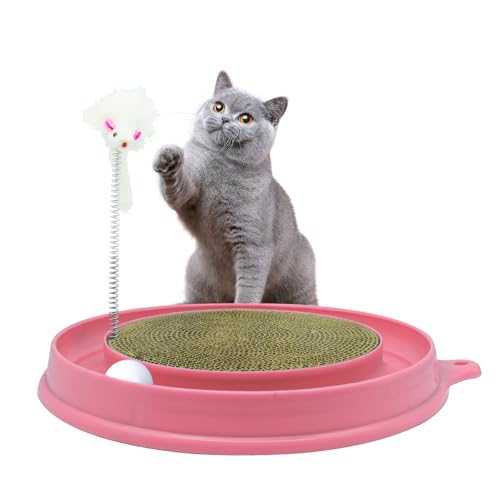 DFQ Interaktives Katzenkratzspielzeug, runde Kunststoff-Kratzmatte mit Kugelbahn und Maus, ansprechendes Puzzle für erwachsene Katzen und Kätzchen, Rosa von DFQ