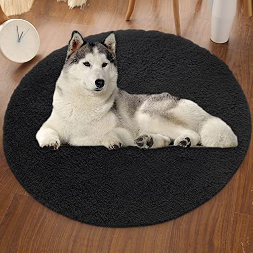 Extra große, runde Hundematte, ultraweiche, kurze Plüsch-Hundebett-Matratze, Hunde-Kühlkissen, rutschfest, Kunstfell, Bodenschutz (60 cm, Schwarz) von DG Catiee