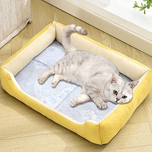 Hundebett, mittelgroß, klein, Bambus-Matte, beruhigendes Katzenschlafbett, selbstkühlendes Eisseidebett, atmungsaktiv, waschbar, Katzen-Hundebett-Matratze (50 x 40 cm, gelb) von DG Catiee