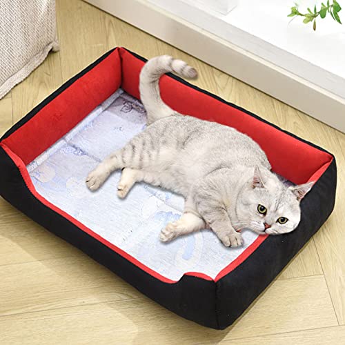 Hundebett, mittelgroß, klein, Bambus-Matte, beruhigendes Katzenschlafbett, selbstkühlendes Eisseidebett, atmungsaktiv, waschbar, Katzen-Hundebett-Matratze (60 x 45 cm, schwarz-rot) von DG Catiee