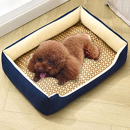 Hundebettmatte, Bambus-Rattan-Matte, selbstkühlende Pad, rutschfeste, bequeme Sommer-Hundematratze, waschbar für Hundehütten, 70 x 55 cm, Marineblau von DG Catiee