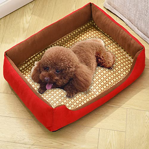 Hundebettmatte, Bambus-Rattan-Matte, selbstkühlende Pad, rutschfeste, bequeme Sommer-Hundematratze, waschbar für Hundehütten (80 x 60 cm, rot) von DG Catiee