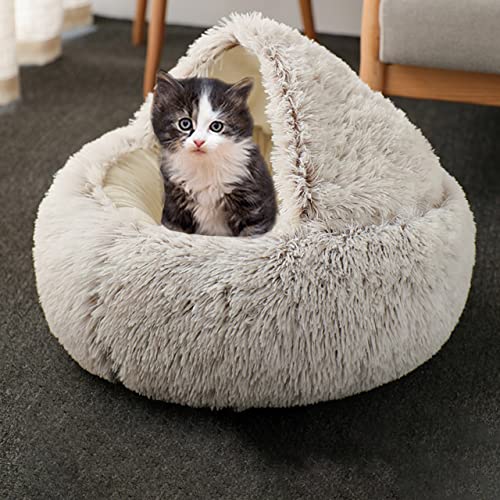 Katzenbett Haustierhöhle Bett Beruhigende Katze Schlafsack, Donut Hundehöhle Bett Anti-Angst Hundebett, kleines Haus flauschiges, warmes Katzenbett (50 cm, braunB) von DG Catiee