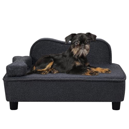 DGBAOBEI Haustier-Sofa, Welpensofa mit Holzsockel, Teddy-Samt-Katzensofa, Haustierbett, Schaumstoff-Rückenlehne und abnehmbaren Kissen (Grau) von DGBAOBEI
