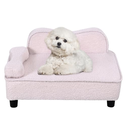DGBAOBEI Haustier-Sofabett, Welpensofa mit Holzsockel, Teddy-Samt-Katzensofa, Haustierbett, Schaumstoff-Rückenlehne und abnehmbaren Kissen (Beige) von DGBAOBEI