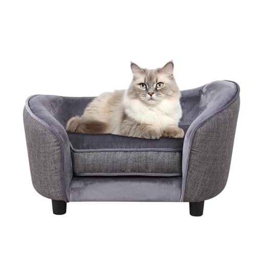 dgbaobei Haustier-Sofa, Bett, Samt & Leinenstoff, Haustier-Couch-Stuhl mit abnehmbarem und waschbarem Kissen für kleine Hunde, Katzen (66 x 40 x 35 cm), Dunkelgrau von dgbaobei
