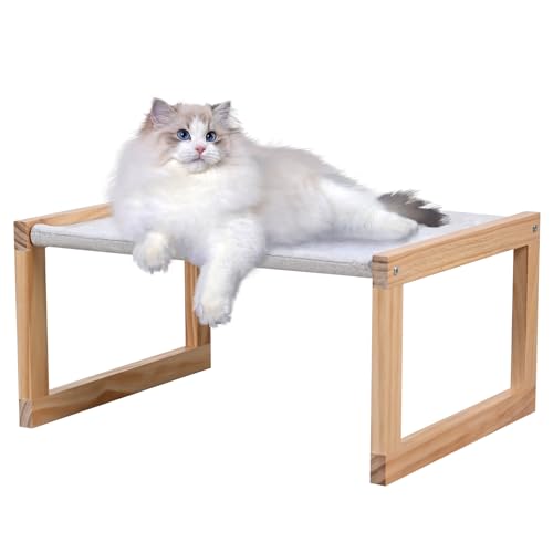 DGBAOBEI Katzenbett, Katzensofa mit Massivholzrahmen, Leinenstoff, Katzenwiege, bequemer Platz für Katzen (Beige) von DGBAOBEI