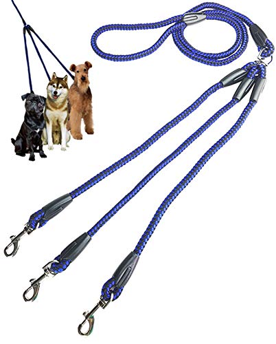 DHGTEP Einstellbare Nylon 3 Weg No-Tangle Triple Couple Dog Walking Leine Führen mit Gepolsterten Weichen Griff Breakaway 3 Köpfe Führen Leine (Color : Blue, Size : 140 cm) von DHGTEP