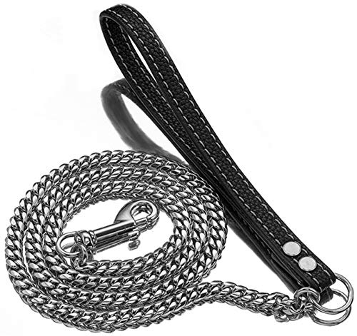 DHGTEP Hundeleine Seil Schwere Edelstahl O-Leine Outdoor-Training Kette Braun Schwarz PU Leder Griff Leine für Mittlere und Große Hunde (Color : Silver 10mm, Size : 60cm) von DHGTEP