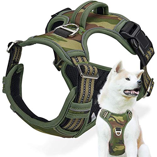DHGTEP Taktische Kein Zug Hundegeschirr für Große Mittlere Hunde Langlebig Heavy Duty Camouflage Reflektierende Haustier-Geschirr Weste Kontrolle Handle (Color : Green, Size : M) von DHGTEP