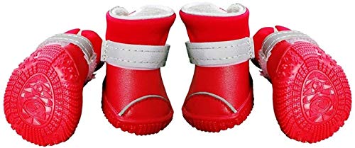 Hunde-Lederschuhe Reflektierende Schuhe, wasserdichte Thermoplüsch-Stiefel Reflektierende Stiefel Weiche Sohle Pfotenpflege-Stiefel für Kleine Hunde (Color : Red, Size : Large) von DHGTEP