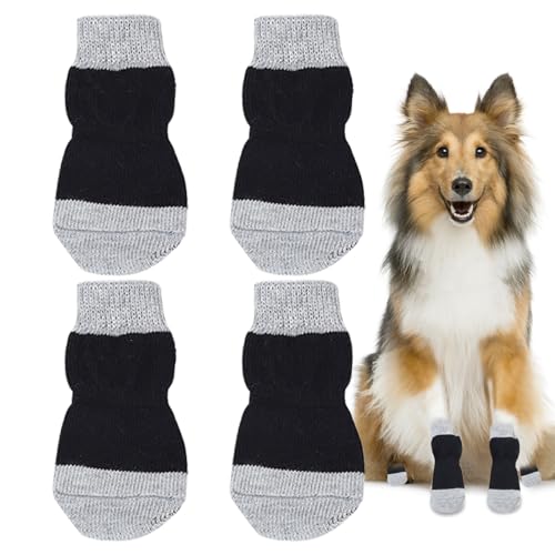 DHWEKU Indoor Anti-Rutsch Socken für Hunde, Hundesocken Anti Rutsch, Antirutschsocken Hund, Einem Weichen Haustierschutz, Verbessern Sie Den Halt Ihres Hundes, 2 Paar, Schwarz (L) von DHWEKU