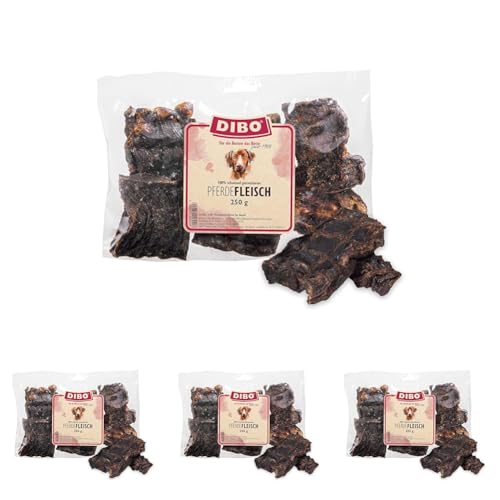 DIBO Pferde-Fleisch, 250g-Beutel, der kleine Naturkau-Snack oder Leckerli für Zwischendurch, Hundefutter, Qualitätskauartikel ohne Chemie (Packung mit 4) von DIBO