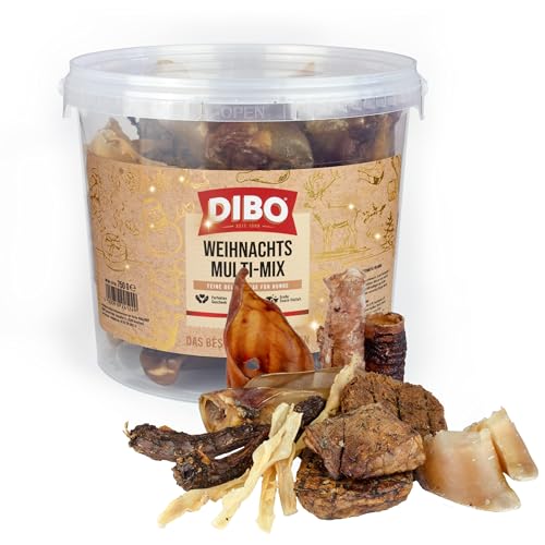 DIBO Weihnachts-Multi-Mix im 750g Eimer - wiederverschließbar, 100% schonend getrockneter Naturkausnack, natürliches und artgerechtes Barf Leckerli für Hunde zur Vorweihnachtszeit von DIBO
