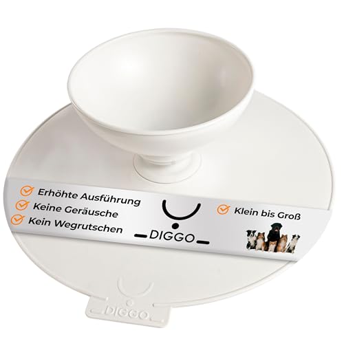 DIGGO - Hunde-Futternapf 900ml erhöhte Futterschale, Leckkante, flexiblem Gelenk & Unterlage (rutschfest) - Lebensmittelechter Kunststoff - Hundenapf für EIN leises, geräuschloses Fressen (Weiß) von DIGGO