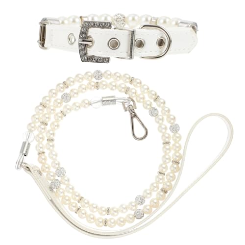 DIKACA 2 Stück Verstellbares Hundehalsband mit Perlen Sicheres Welpen Halsband Set mit Leine Modisches Haustierzubehör für Fotoshootings Partys und Alltag Weißes von DIKACA