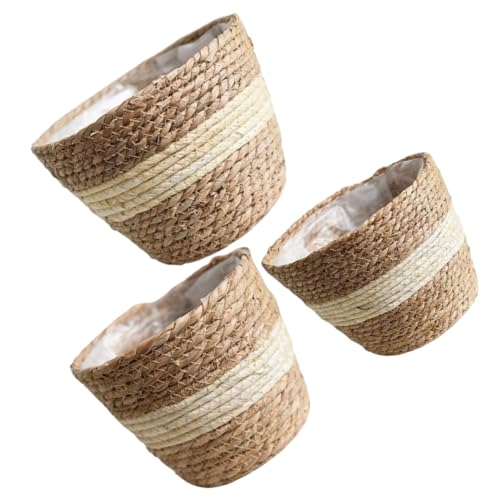 DIKACA 3 Stücke Blumentopfkorb aus Stroh ablagekörbe kühlkorb einkaufskorb waschenkorb flechtkorb Weidenkorb Korb mit Deckel zimmerpflanzen blumenbank Blumenkorb Pflanzenkörbe drinnen PVC von DIKACA