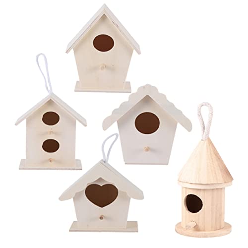 DIKACA 5 Teiliges DIY Holzvogelhaus Unbearbeitete Nistkästen zum Bemalen Kreative Vogelhäuser für Garten Dekoration Natürliche Holzfarbe für Kleine Vögel Wie Kanarien Papagei Lärche von DIKACA