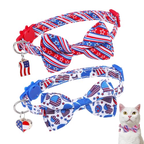 DILLYBUD 4. Juli Katzenhalsband mit Glöckchen, Katzenhalsband mit Fliege für Mädchen, Katzen, kleine Katzen, Halsbänder mit Schleife für Frühling und Sommer, 2 Stück, weiche Kätzchen-Halsbänder mit von DILLYBUD