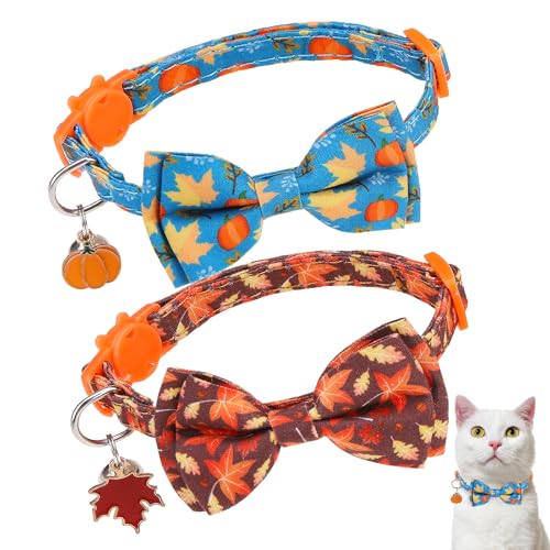 DILLYBUD Breakaway Katzenhalsband, Thanksgiving, 2 Stück, Herbst-Kürbis- und Truthahn-Fliege mit Glöckchen, sichere, verstellbare Kätzchen-Halsbänder für den Urlaub, passend für Katzen und kleine von DILLYBUD