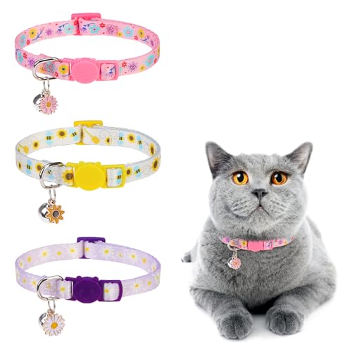 DILLYBUD Breakaway Katzenhalsband mit Glöckchen, 3 Stück, Sommer, Frühling, Katzenhalsband für Mädchen, Jungen, Katzen, niedlich, rosa, lila, gelb, Blumenhalsbänder mit Sicherheitsschnalle von DILLYBUD