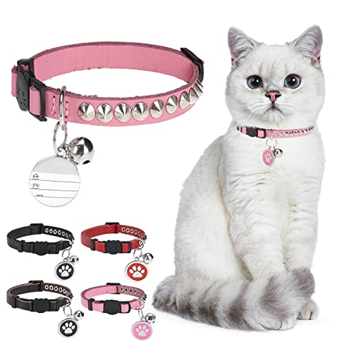 DILLYBUD Katzenhalsband aus Leder, personalisierbar, mit Nietenglocke und Sicherheitsschnalle, Nieten, Nieten, für Jungen, Mädchen, Katzen, Kätzchen, 22,9 cm – 29,2 cm, Rosa von DILLYBUD