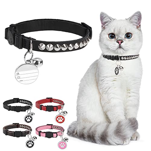 DILLYBUD Katzenhalsband aus Leder, personalisierbar, mit Nietenglocke und Sicherheits-Schnellverschluss-Schnalle, Nieten, Nieten, ID-DIY-Halsbänder für Jungen, Mädchen, Katzen, Kätzchen, Schwarz von DILLYBUD