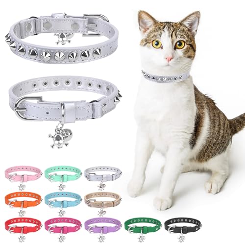 DILLYBUD Katzenhalsband aus Leder für Jungen, Mädchen, Katzen mit Glöckchen und elastischem Sicherheitsgürtel, personalisierte Nieten, verstellbare sichere Schnalle, Halsband mit Totenkopf-Anhänger DILLYBUD Katzenhalsband aus Leder für Jungen, Mädchen, Katzen mit Glöckchen und elastischem Sicherheitsgürtel, personalisierte Nieten, verstellbare sichere Schnalle, Halsband mit Totenkopf-Anhänger von DILLYBUD