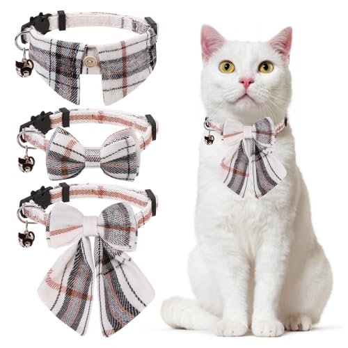 DILLYBUD Katzenhalsband mit Glöckchen, Fliege, Katzenhalsband für Jungen, Mädchen, Katzen, mit abnehmbarem Hemdkragen, niedliches kariertes Kätzchenhalsband mit Glocke und Anhänger, verstellbar, 3 von DILLYBUD