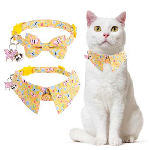 DILLYBUD Katzenhalsband mit Glöckchen, goldfarbenes Katzenhalsband mit Fliege für Mädchen, Katzen, kleines Katzenhalsband mit Schleife für Frühling und Sommer, 2 Stück, weiches Schmetterlings-Halsband von DILLYBUD