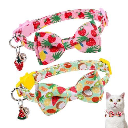 DILLYBUD Katzenhalsband mit Glöckchen, rosa Katzenhalsband mit Fliege für Mädchen, Katzen, kleine Katzen, Halsband mit Schleife für Frühling und Sommer, 2 Stück, weiche Früchte, Kätzchen-Halsbänder von DILLYBUD