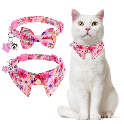 DILLYBUD Katzenhalsband mit Glöckchen, rosa Katzenhalsband mit Fliege für Mädchen und Katzen, kleines Katzenhalsband mit Schleife für Frühling und Sommer, 2 Stück, weich, niedlich, florales von DILLYBUD