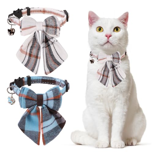 DILLYBUD Katzenhalsband mit Glöckchen und süßem Anhänger, Katzenhalsband mit abnehmbarer Fliege für Mädchen, Jungen, Katzen, 2 Stück, kariert, sicher verstellbar, ideal für weibliche und männliche von DILLYBUD
