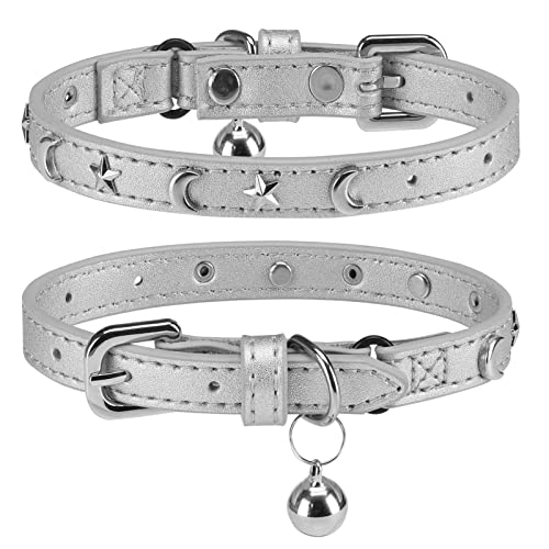 DILLYBUD Leder-Katzenhalsbänder für Jungen, Mädchen, Katzen, mit Glocke und elastischem Sicherheitsgürtel, personalisierte Stern- und Mondnieten, Größe 20.3-30.5 cm, Silbergrau DILLYBUD Leder-Katzenhalsbänder für Jungen, Mädchen, Katzen, mit Glocke und elastischem Sicherheitsgürtel, personalisierte Stern- und Mondnieten, Größe 20.3-30.5 cm, Silbergrau von DILLYBUD