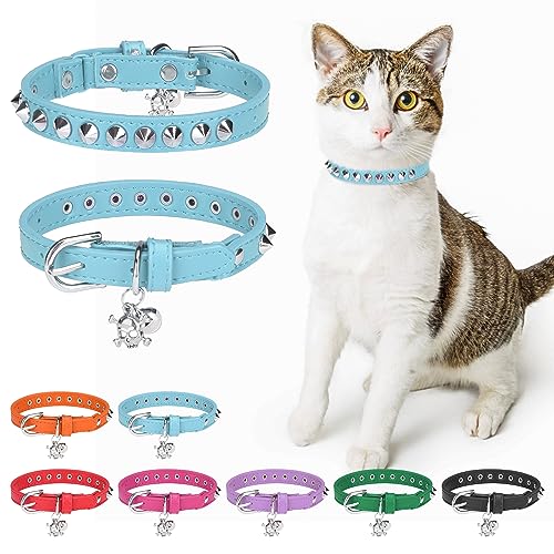 DILLYBUD Leder-Katzenhalsband für Jungen, Mädchen, Katzen, mit Glöckchen und elastischem Sicherheitsgürtel, personalisierte Nieten, verstellbare sichere Schnalle, Halsband mit Totenkopf-Anhänger für von DILLYBUD